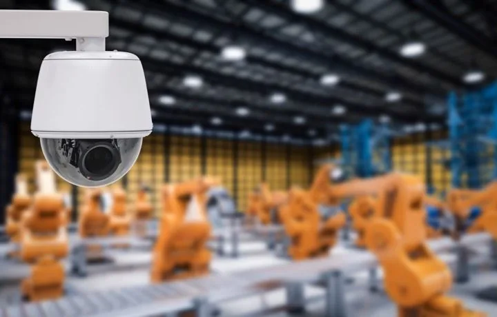 A dome camera covering an industrial production floor