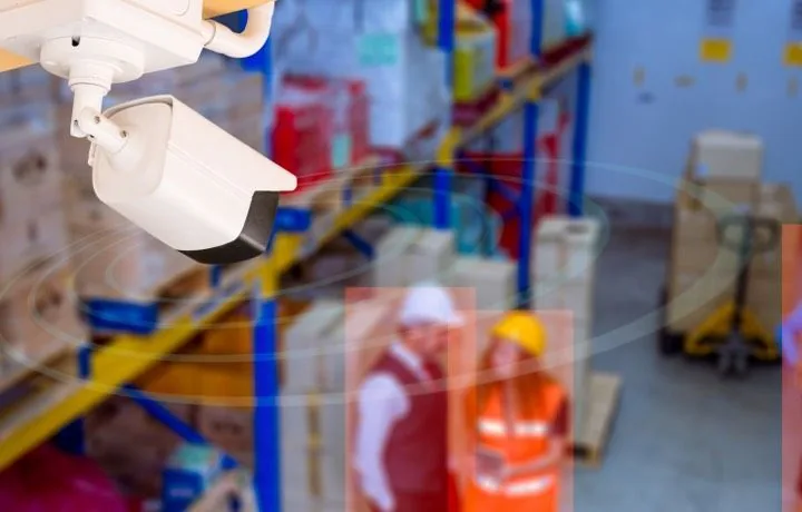 A pan-tilt-zoom camera installed above a warehouse floor