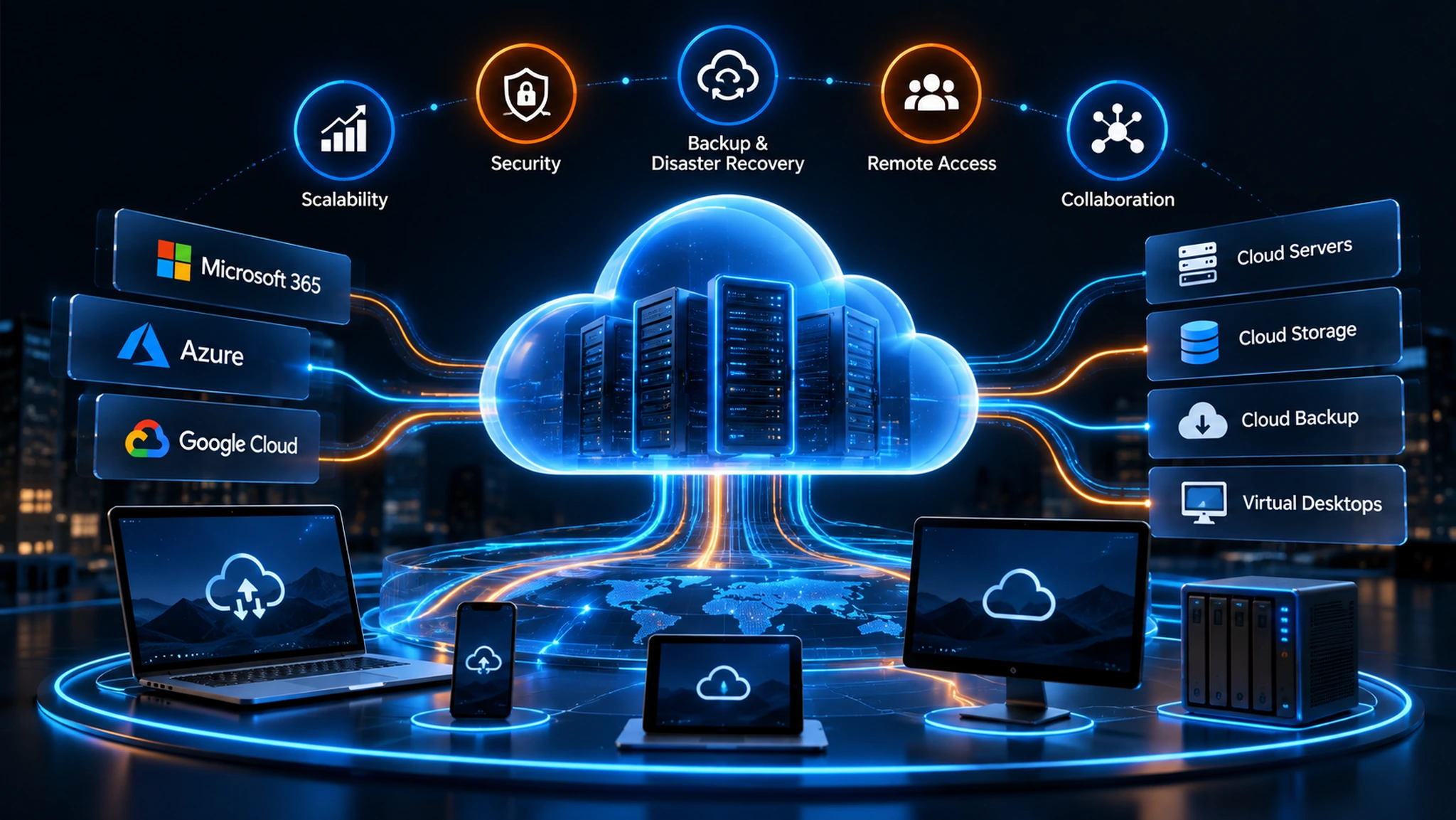 What Tech-Force runs in the cloud: Microsoft 365, Azure and Google Cloud feeding cloud servers, storage, backup and virtual desktops, with scalability, security, disaster recovery, remote access and collaboration across the top