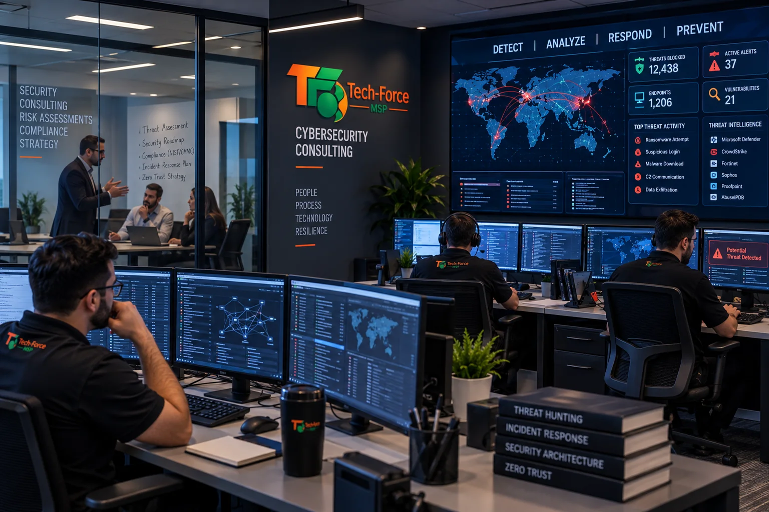 The Tech-Force security team working the threat board in the operations centre