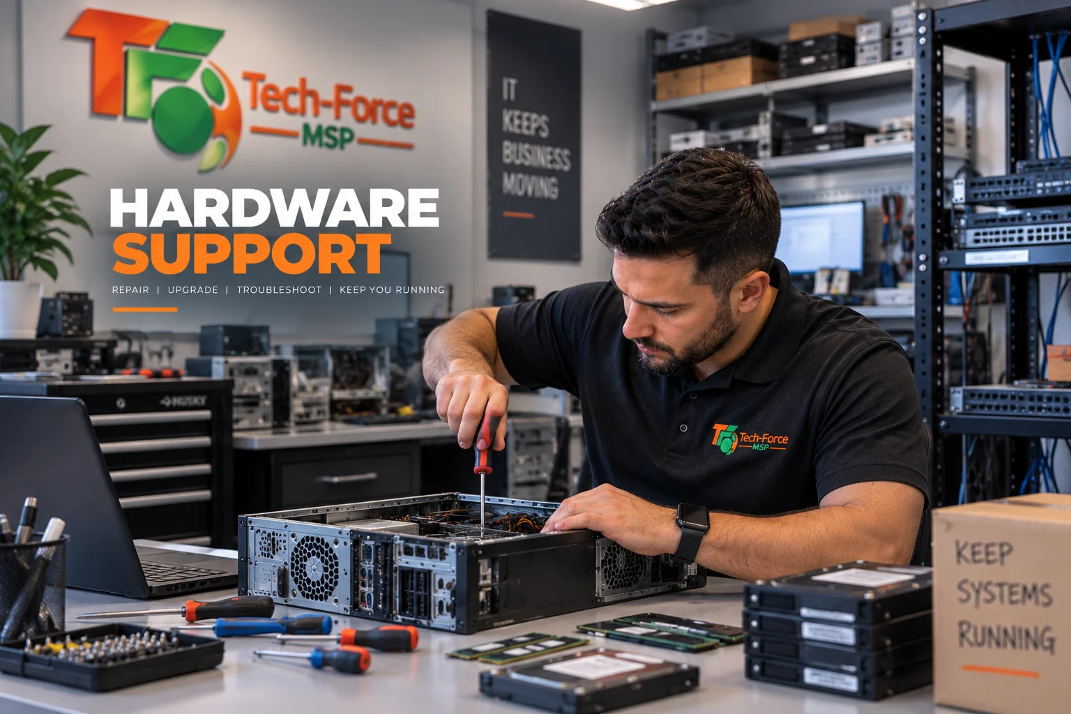 A Tech-Force technician servicing a desktop machine in the workshop