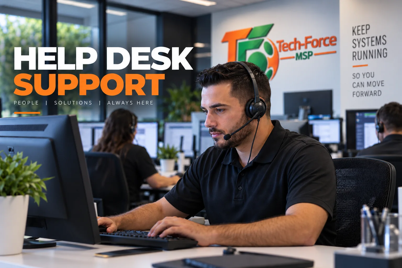 A Tech-Force engineer taking a support call at the help desk