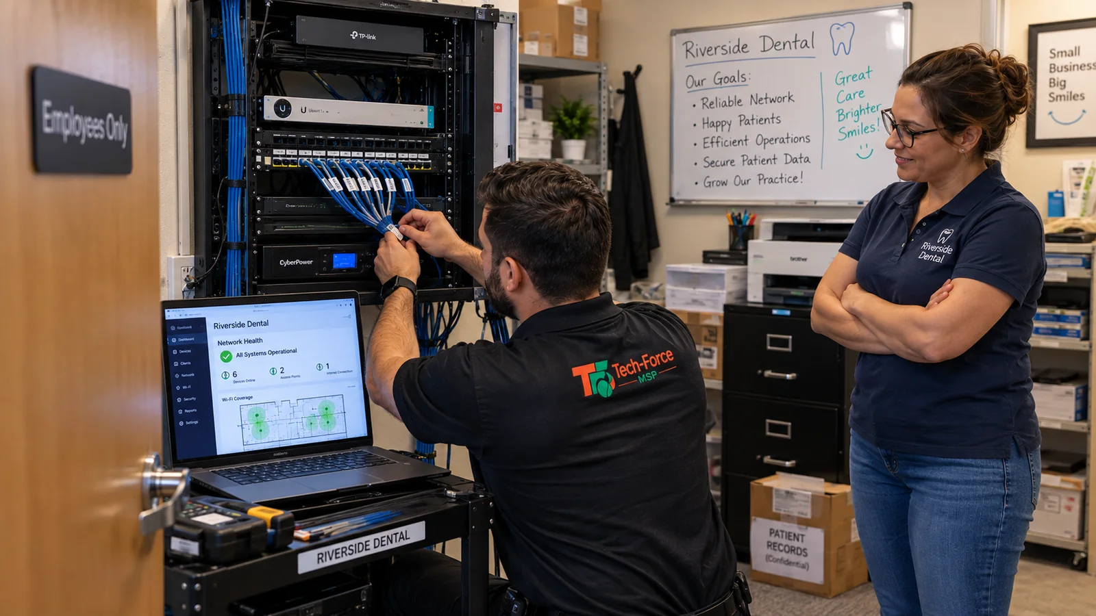 A Tech-Force engineer patching a network cabinet on site while the client looks on