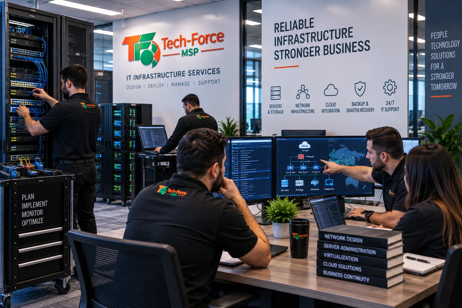 The Tech-Force infrastructure team reviewing a network design together