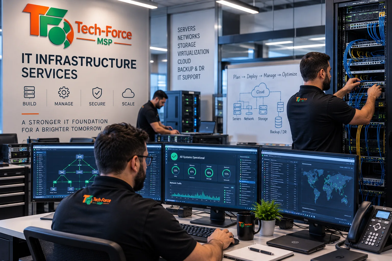 A Tech-Force engineer monitoring infrastructure dashboards beside the racks