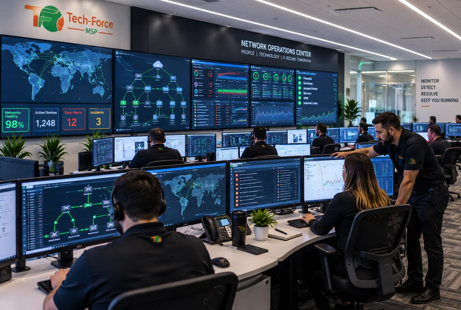 The Tech-Force network operations centre, wall of monitoring dashboards